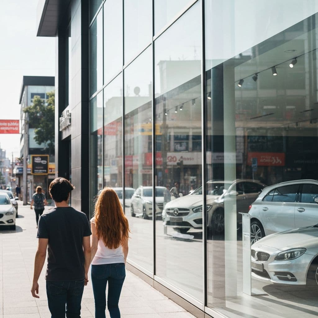 Couple walking past Mercedes-Benz of Spokane dealership